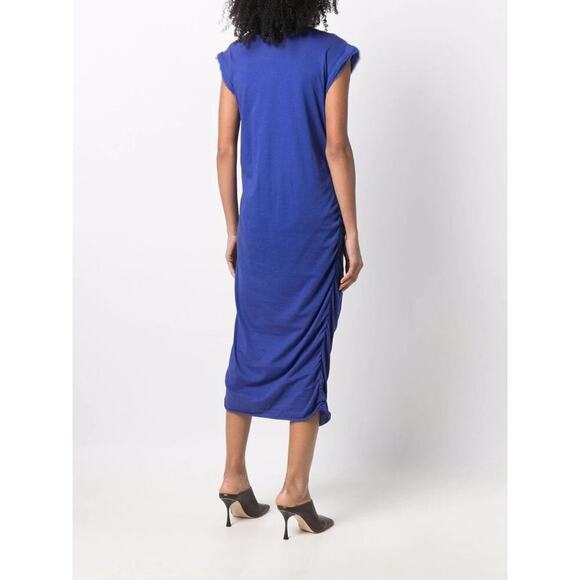 LANVIN Paris Blue Silk Ruched Midi Dress Size M Sleeveless Fringe Hem Luxury - Picture 12 of 13
